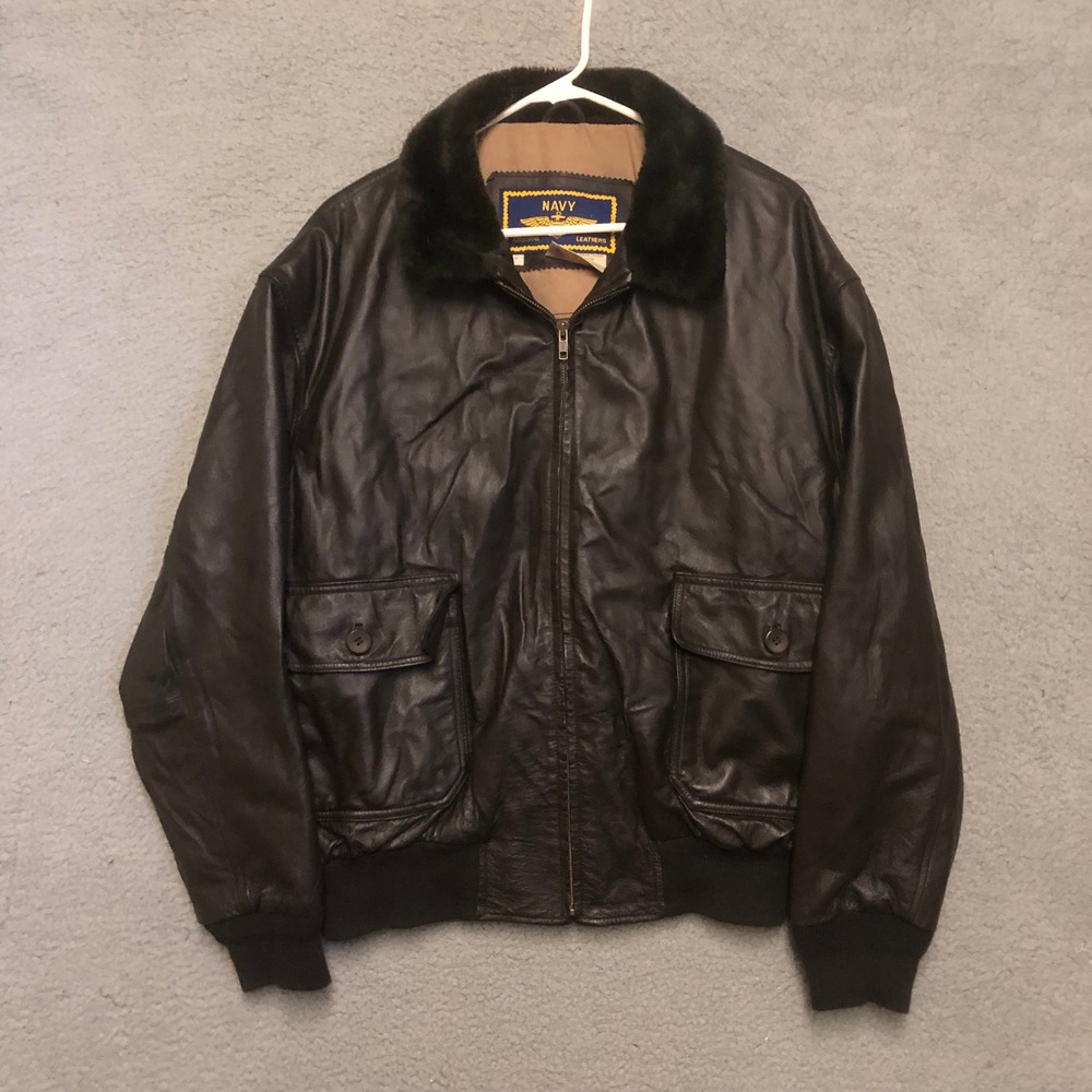 Navy Airborne Leathers Brown Genuine Leather Flight Jacket G-1 Bomber